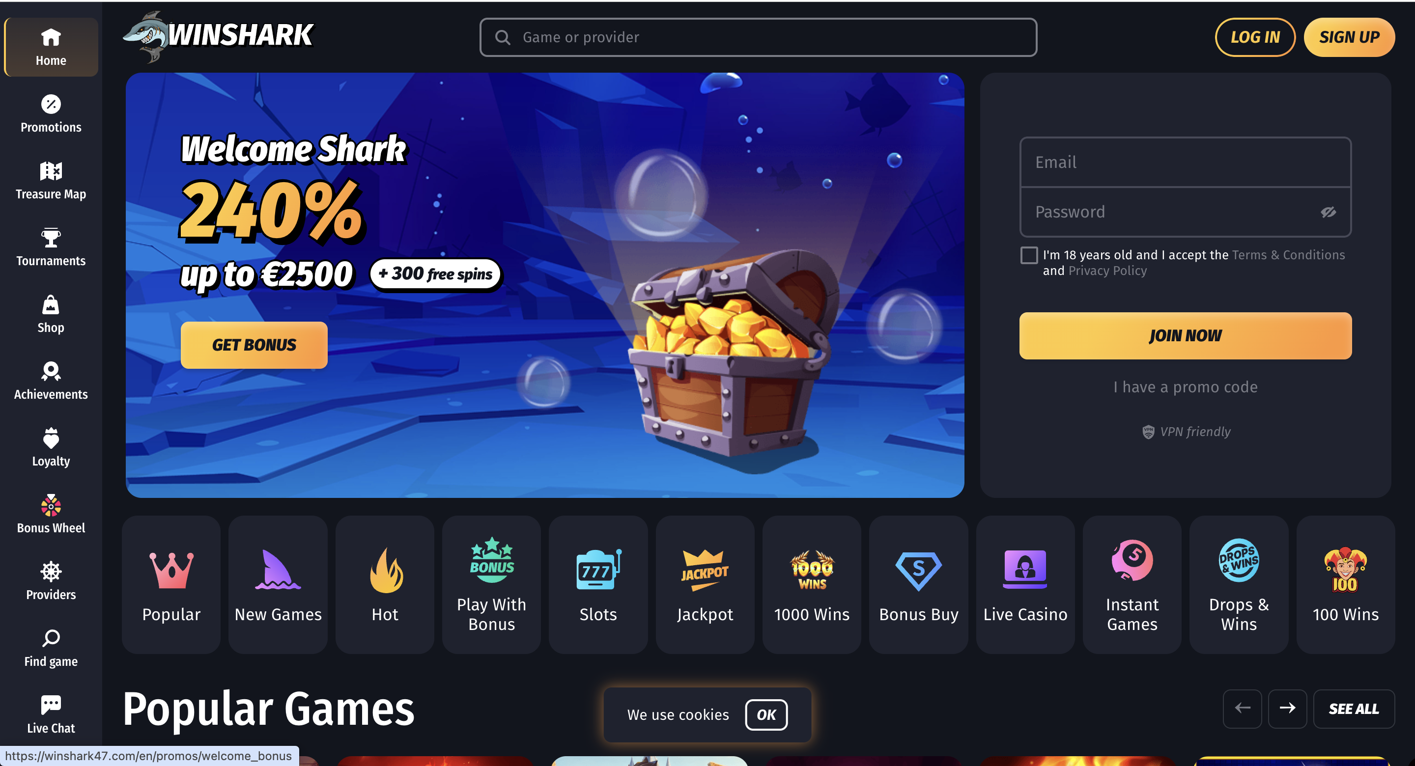 Winshark Casino forside