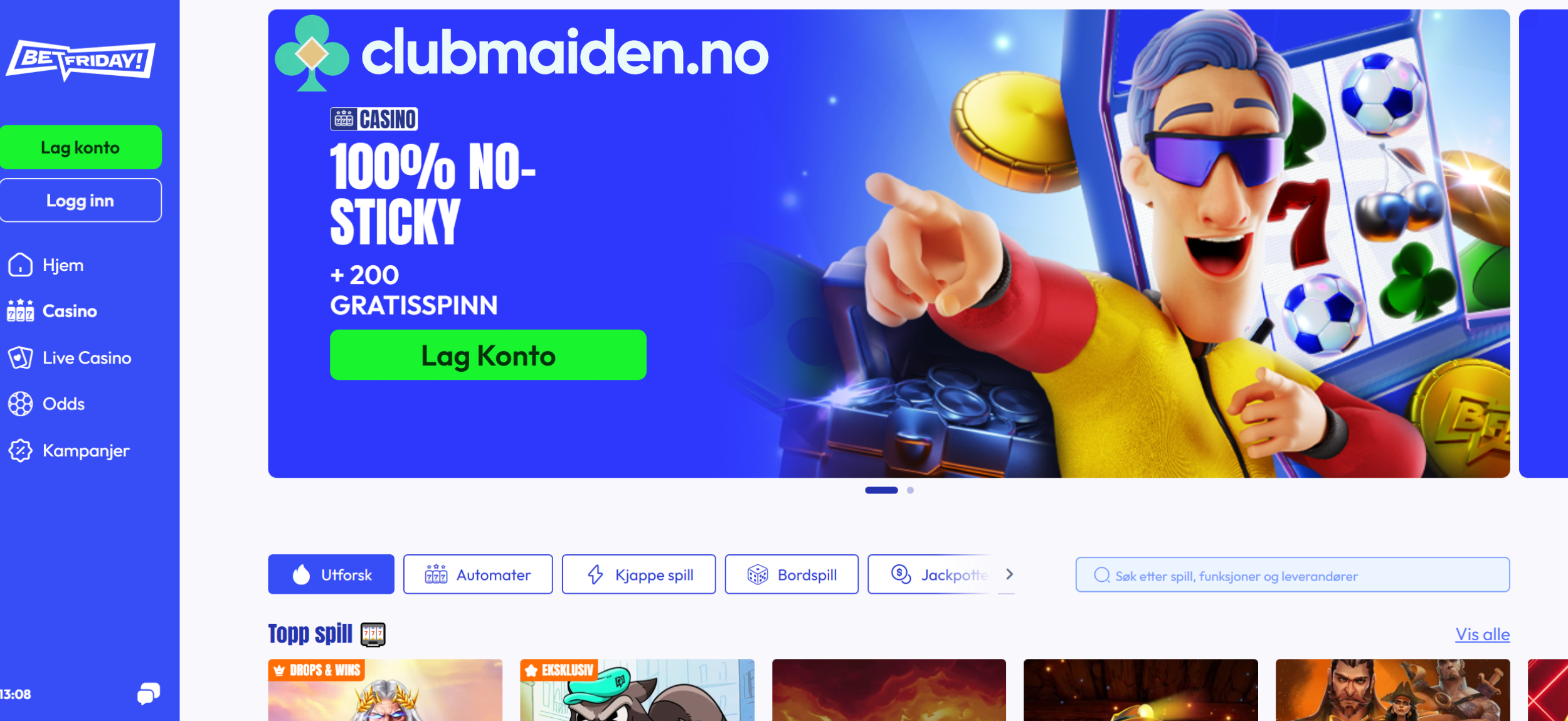 Skjermbilde av forsiden til BetFriday Casino