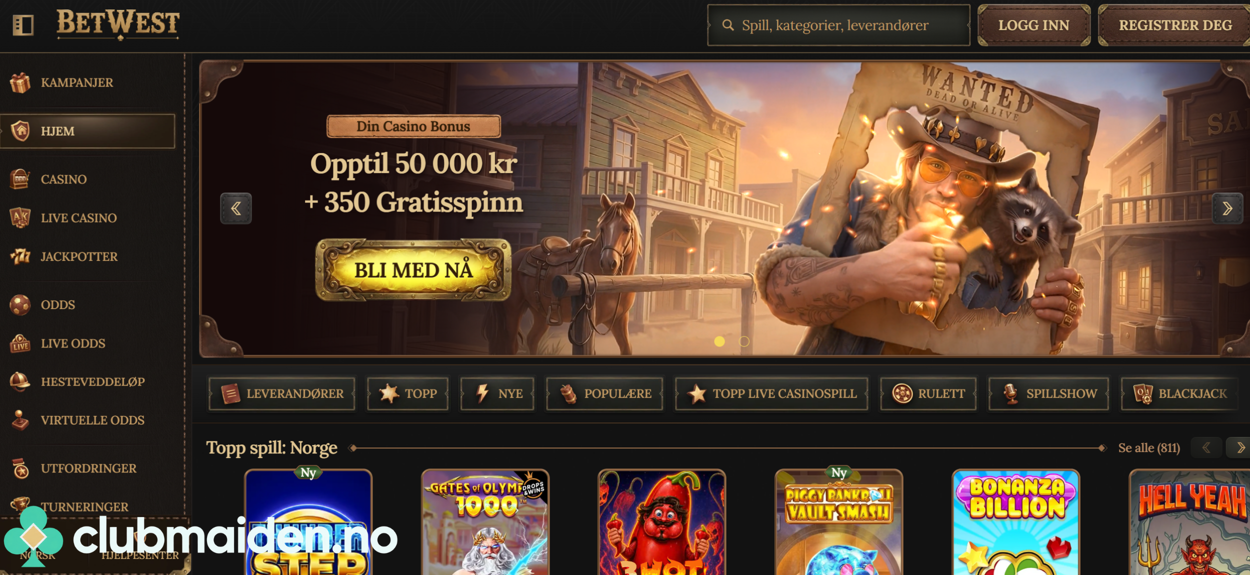 Skjermbilde av forsiden til BetWest Casino
