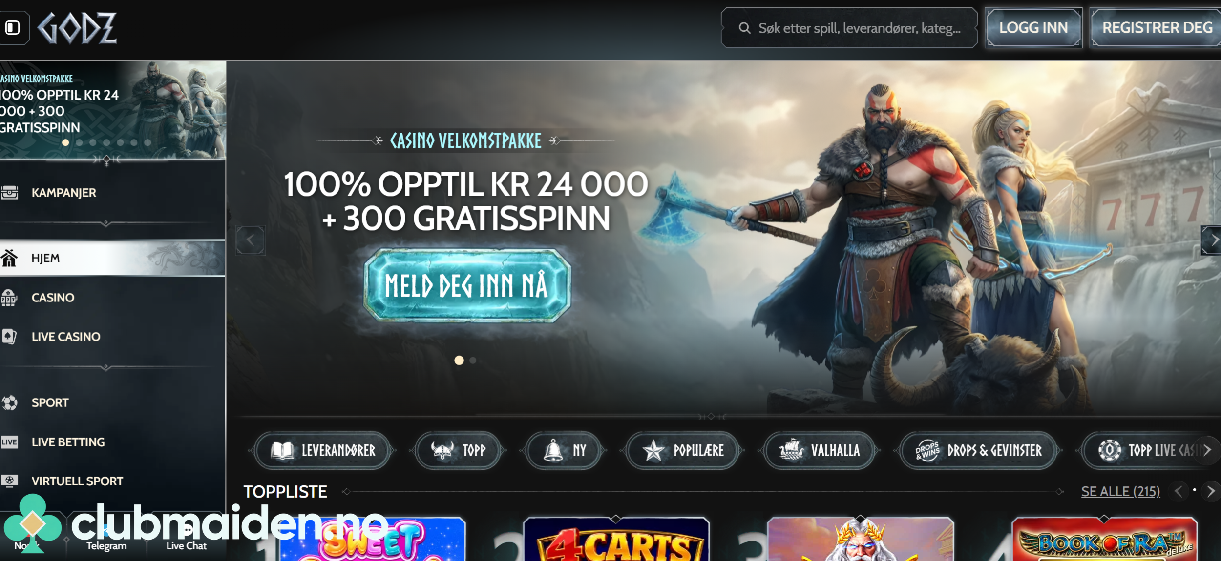 Skjermbilde av forsiden til Godz Casino