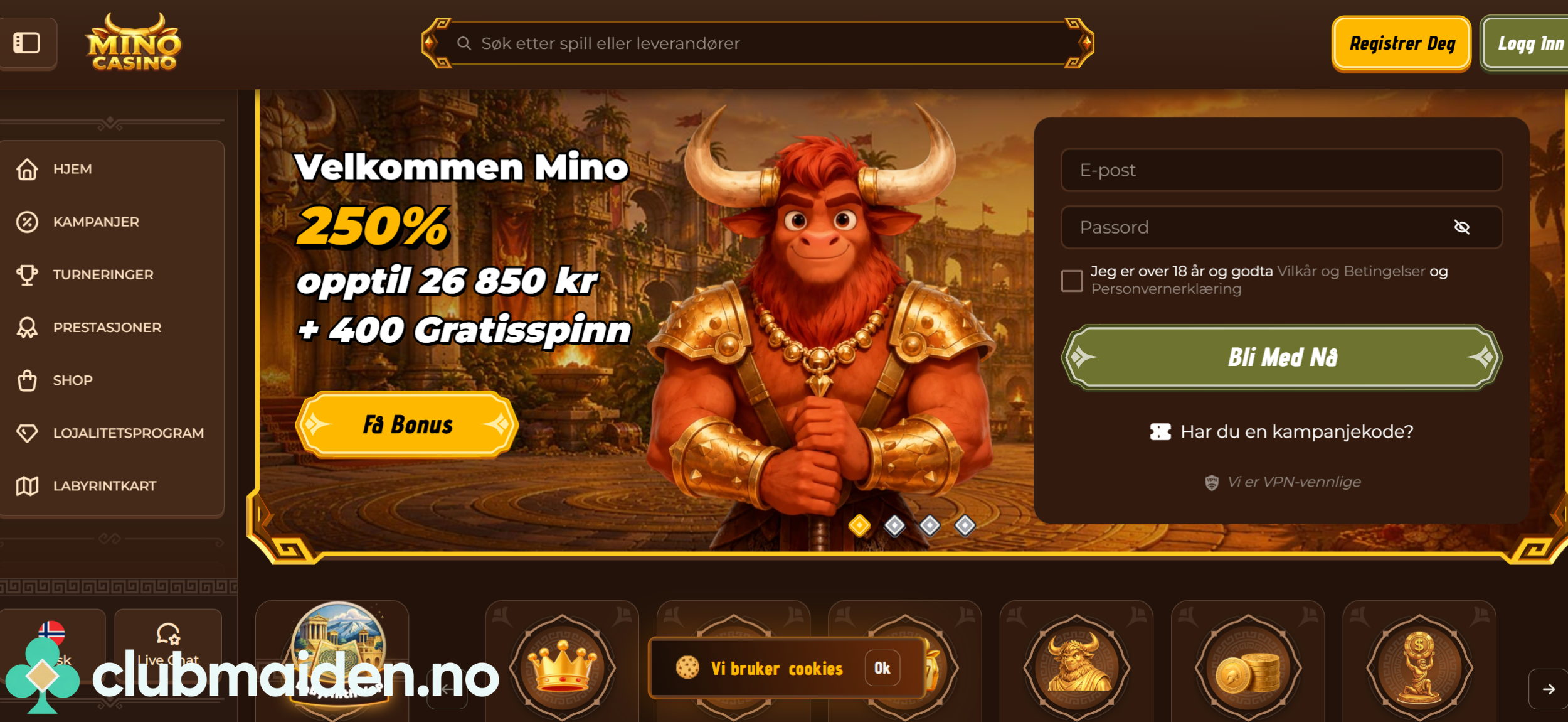 Skjermbilde av forsiden til Mino Casino